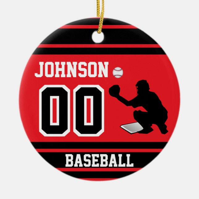 Personalized Baseball Catcher | Red and Black Ceramic Ornament (Front)