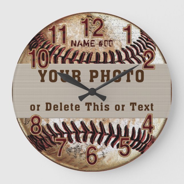 Personalized Baseball Clock, Your PHOTO and TEXT Large Clock (Front)