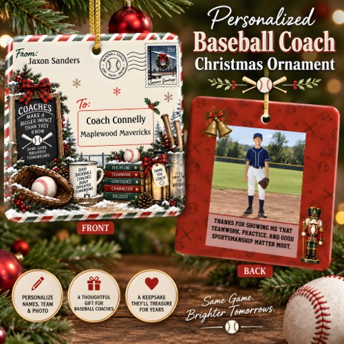 Personalized Baseball Coach Christmas Postcard Ceramic Ornament