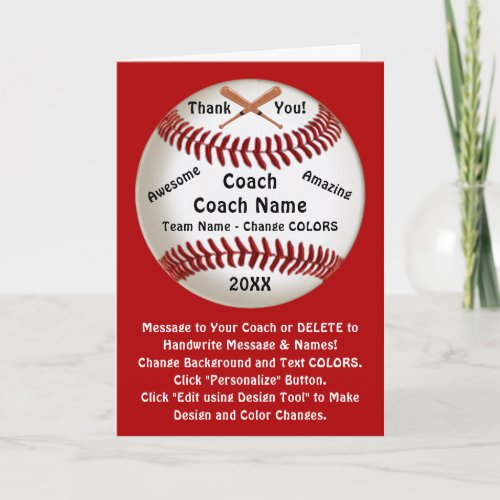 Personalized Baseball Coach Thank You Card  Card