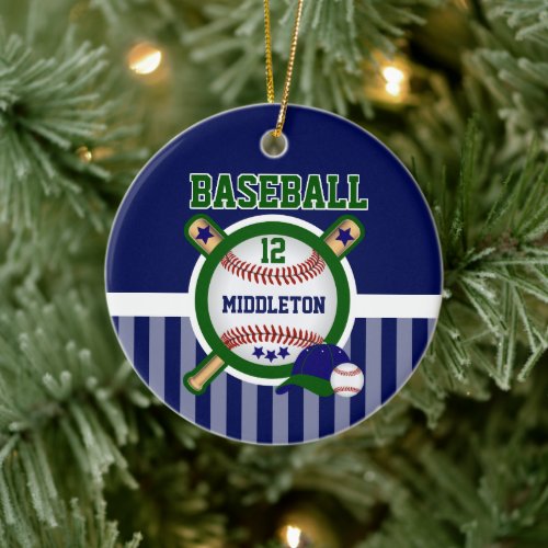 Personalized Baseball  Dark Blue and Green Ceramic Ornament