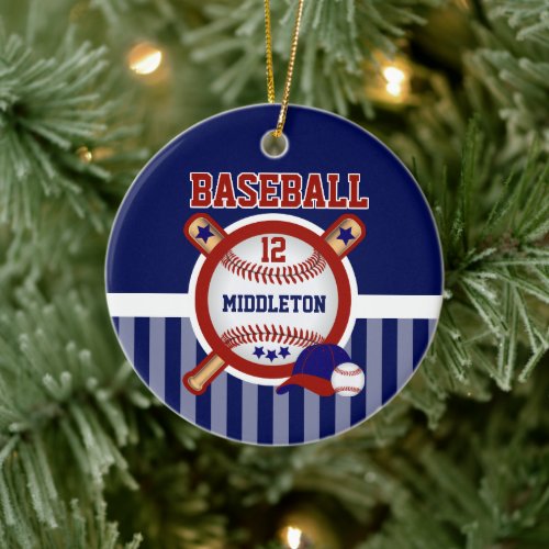 Personalized Baseball  Dark Blue and Red Ceramic Ornament