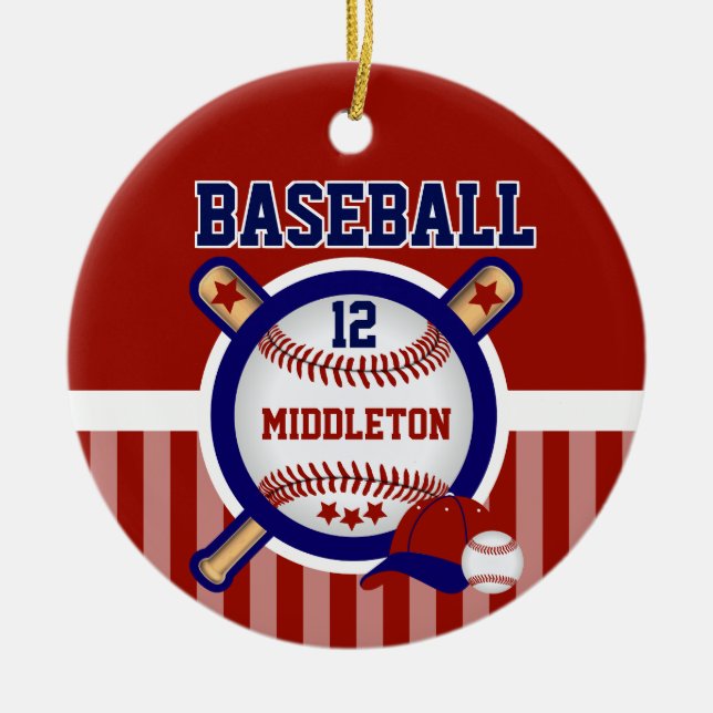 Personalized ⚾ Baseball | Dark Blue and Red Ceramic Ornament (Front)