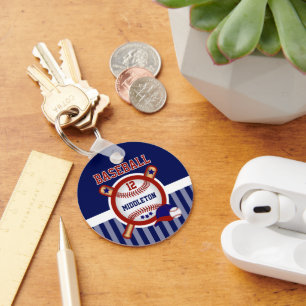 Personalized Baseball   Dark Blue and Red Keychain