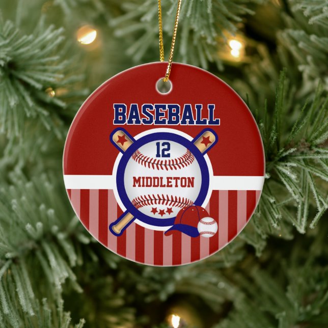 Personalized Baseball | Dark Red and Blue Ceramic Ornament (Tree)