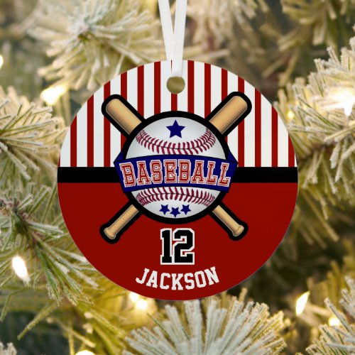 Personalized Baseball  Dark Red and Blue Metal Ornament