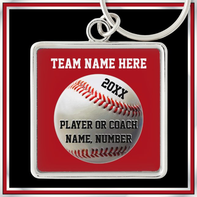 Personalized Baseball Gifts for Players or Coaches Keychain (Baseball senior night gift ideas. Good gifts for baseball coaches. Red, White, baseball keychains.)