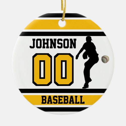 Personalized Baseball  Gold Yellow White  Black Ceramic Ornament