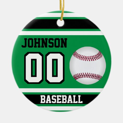 Personalized Baseball  Green White and Black Ceramic Ornament