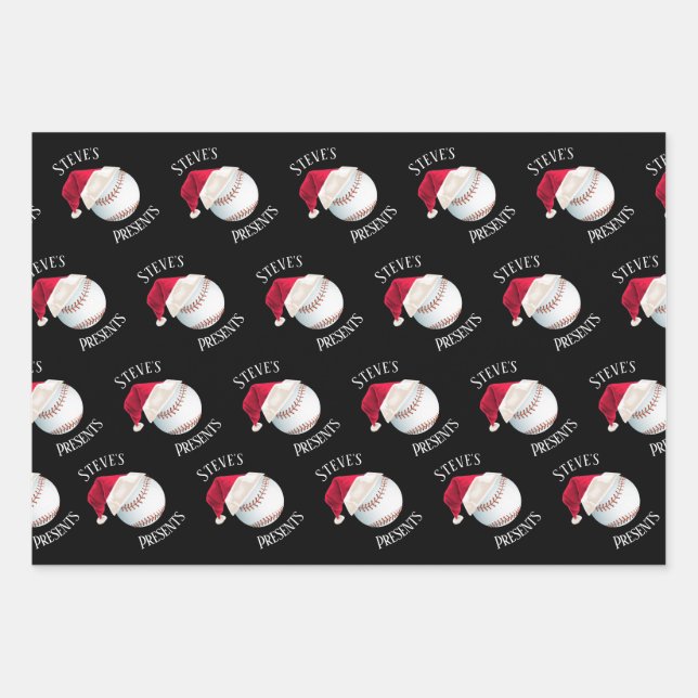Personalized Baseball Happy Christmas Holiday Wrapping Paper Sheets (Front)