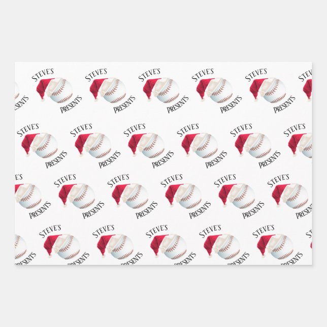 Personalized Baseball Happy Christmas Holiday Wrapping Paper Sheets (Front)