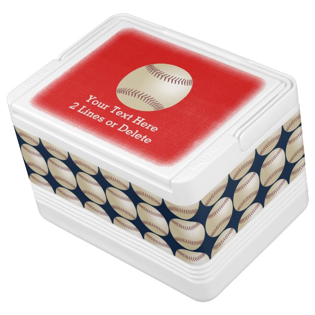 Personalized Baseball Igloo Cooler, Red and Blue Drink Cooler (Angled)