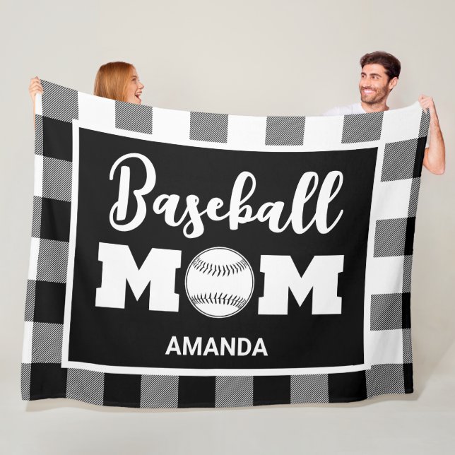 Personalized Baseball Mom Name Black Gingham Plaid Fleece Blanket (In Situ)