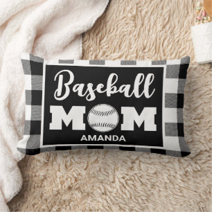 Personalized Baseball Mom Name Black Gingham Plaid Lumbar Pillow