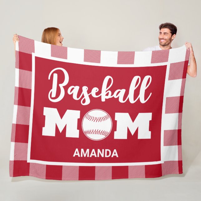 Personalized Baseball Mom Name Red Gingham Plaid   Fleece Blanket (In Situ)