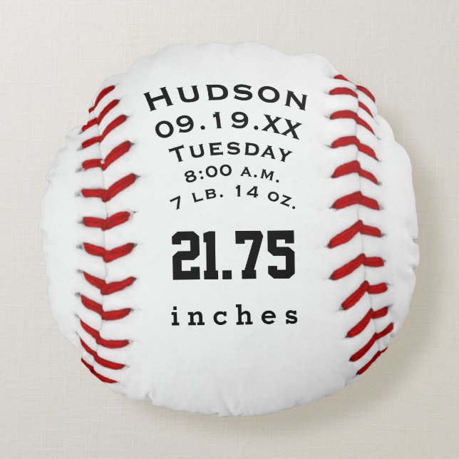 Personalized Baseball Name and Baby Stats Round Pillow (Front)