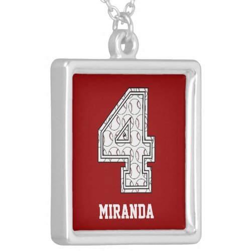 Personalized Baseball Number 4 Silver Plated Necklace