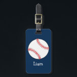 Personalized Baseball on Blue Kids Boys Luggage Tag<br><div class="desc">Large white baseball with red stitching on a navy blue background. The boy's name is written under the baseball in large white lettering. His parent's phone number is written on the back.</div>