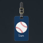 Personalized Baseball on Blue Kids Boys Luggage Tag<br><div class="desc">Large white baseball with red stitching on a navy blue background. The boy's name is written under the baseball in large white lettering. His parent's phone number is written on the back.</div>