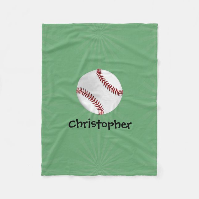 Personalized Baseball on Green Kids Boys Fleece Blanket (Front)