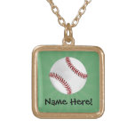 Personalized Baseball on Green Kids Boys Gold Plated Necklace