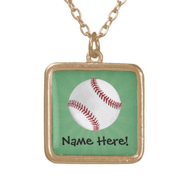 Personalized Baseball on Green Kids Boys Gold Plated Necklace (Front)