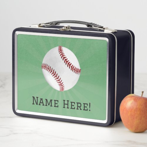 Personalized Baseball on Green Kids Boys Metal Lunch Box