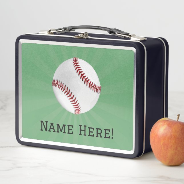 Personalized Baseball on Green Kids Boys Metal Lunch Box (In Situ)