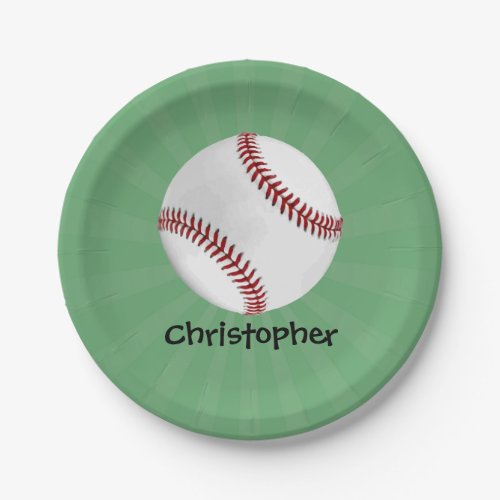 Personalized Baseball on Green Kids Boys Paper Plates
