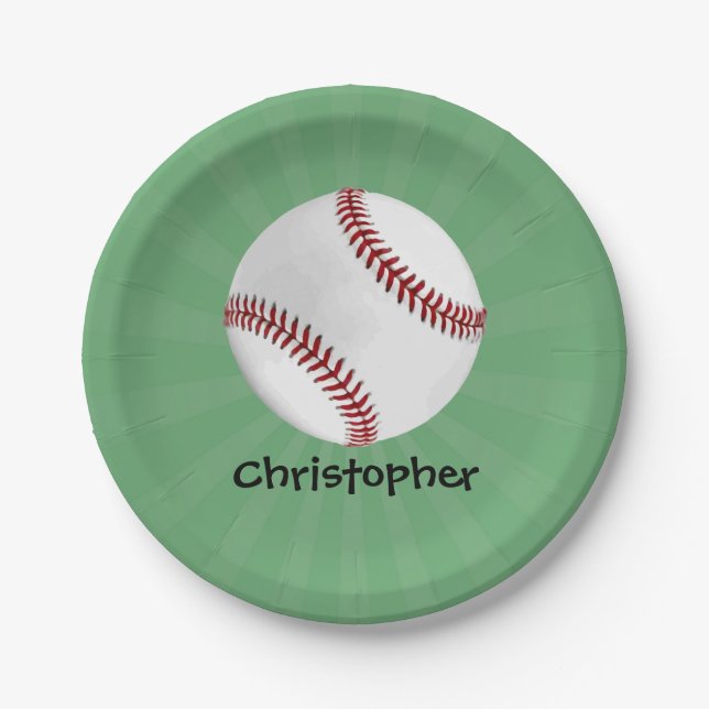 Personalized Baseball on Green Kids Boys Paper Plates (Front)