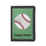 Personalized Baseball on Green Kids Boys Tri-fold Wallet