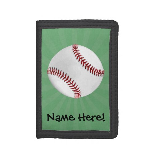 Personalized Baseball on Green Kids Boys Tri_fold Wallet