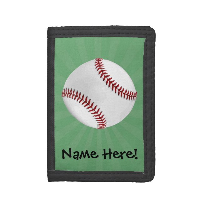 Personalized Baseball on Green Kids Boys Tri-fold Wallet (Front Vertical)