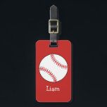 Personalized Baseball on Red Kids Boys Luggage Tag<br><div class="desc">Large white baseball with red stitching on a red background. The boy's name is written under the baseball in large white lettering. His parent's phone number is written on the back.</div>