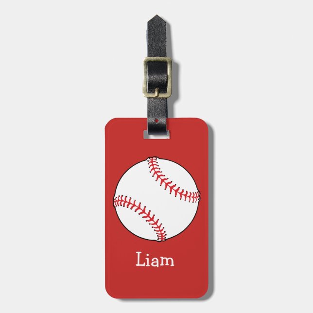 Personalized Baseball on Red Kids Boys Luggage Tag (Front Vertical)