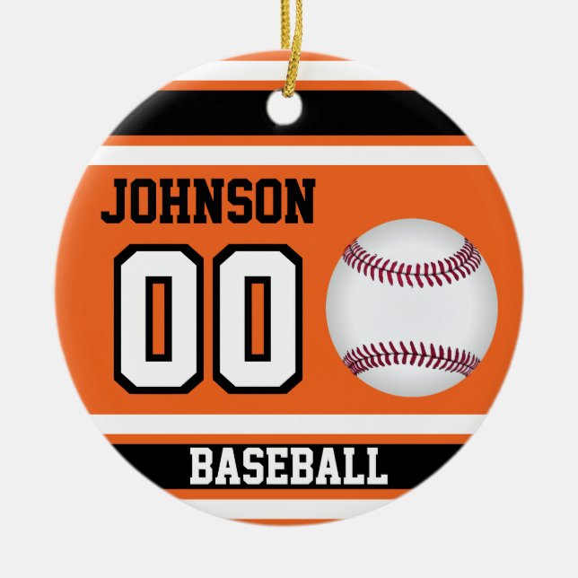 Personalized Baseball | Orange, White and Black Ceramic Ornament (Front)
