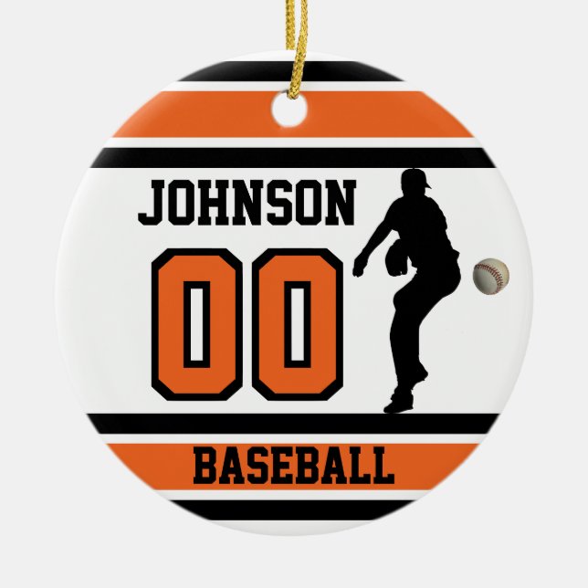 Personalized ⚾ Baseball | Orange, White & Black Ceramic Ornament (Front)