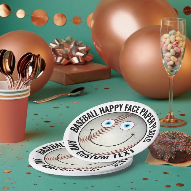 Personalized Baseball Party BLUE EYES Happy Face Paper Plates (Multi)