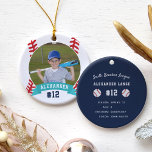 Personalized Baseball Photo & Player Stats Ceramic Ornament<br><div class="desc">Commemorate an awesome season for your favorite baseball player with this cool custom ornament. Personalize the front with the player's photo,  name and jersey number on a baseball illustration background. Then add more details to the back,  including the team or league name,  season,  age,  position,  and coach name.</div>