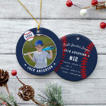 Personalized Baseball Photo & Player Stats Ceramic Ornament<br><div class="desc">Commemorate an awesome season for your favorite baseball player with this cool custom ornament in a navy blue, red, and white colorway. Personalize the front with the player's photo, name and the year, and add more details to the back, including the team or league name, season, age, position, and coach...</div>
