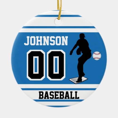 Personalized Baseball Pitcher  Blue and White Ceramic Ornament
