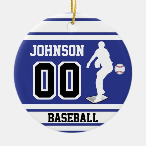 Personalized Baseball Pitcher  Dark Blue  White Ceramic Ornament