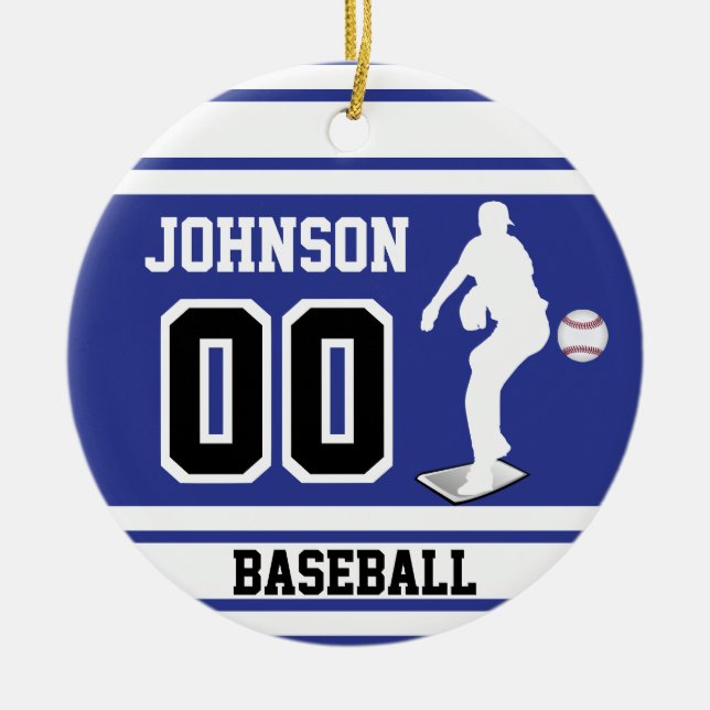 Personalized Baseball Pitcher | Dark Blue & White Ceramic Ornament (Front)