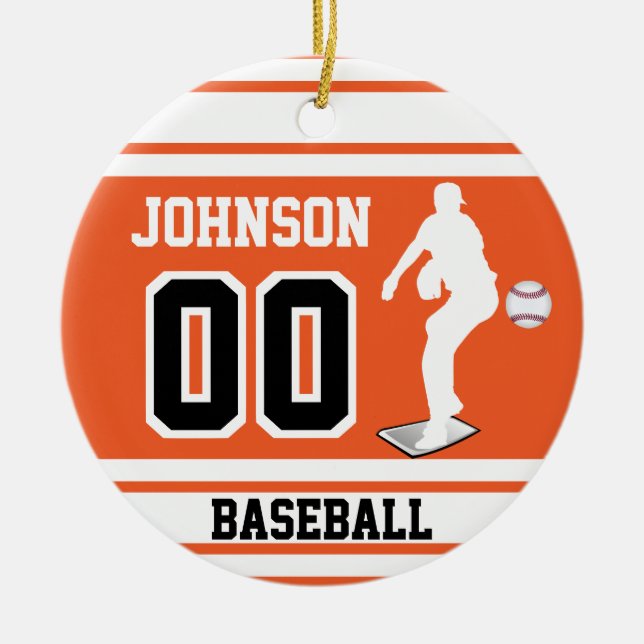Personalized ⚾ Baseball Pitcher | Orange & White Ceramic Ornament (Front)
