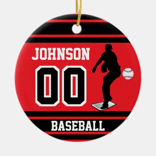Personalized Baseball Pitcher  Red and Black Ceramic Ornament