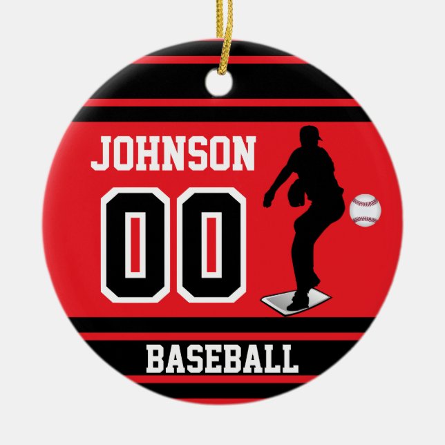 Personalized Baseball Pitcher | Red and Black Ceramic Ornament (Front)