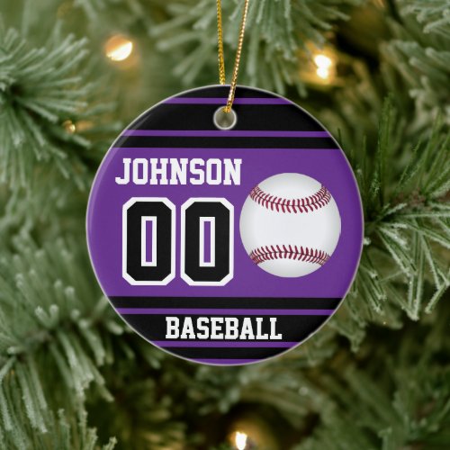 Personalized Baseball  Purple and Black Ceramic Ornament