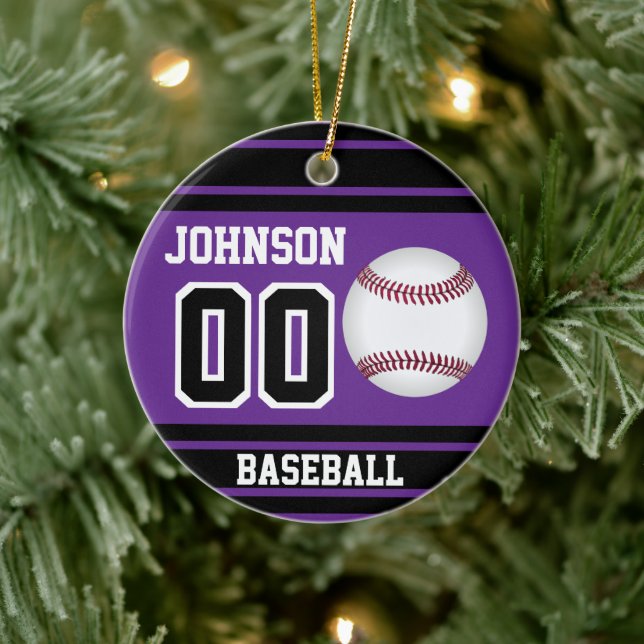 Personalized Baseball | Purple and Black Ceramic Ornament (Tree)