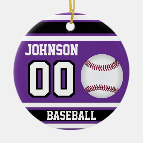 Personalized Baseball  Purple White and Black Ceramic Ornament