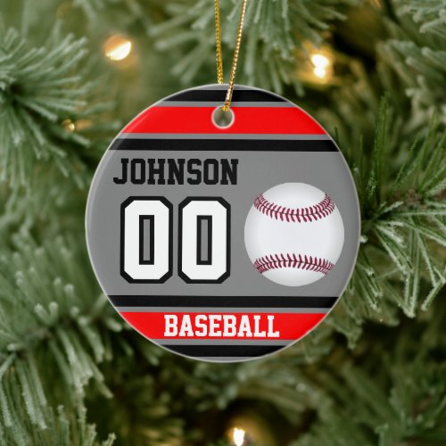 Personalized Baseball  Red Gray and Black  Ceramic Ornament